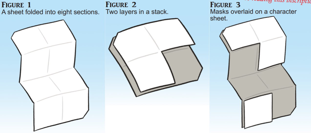 the three illustrations in the game, all simple, depicting paper folded & cut in different ways